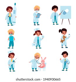 Children doctors. Kids with medical dress and tools, hospital role-playing game, toy patients at reception of therapists. Girsl and boys hold thermometer and pills vector cartoon set