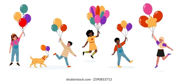 Children and a dog enjoying a colorful balloon celebration in a cheerful setting