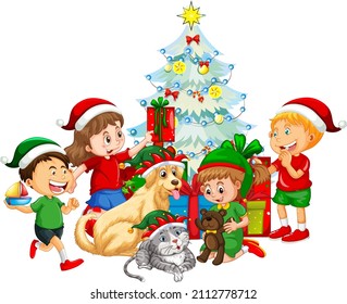 Children and dogs in Christmas theme illustration