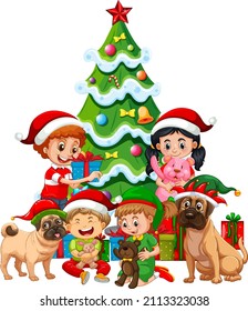 Children and dogs in Christmas theme illustration