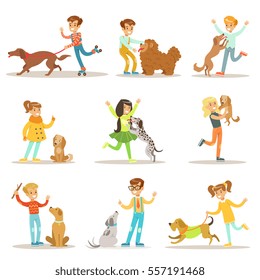 Children And Dogs Illustrations Set With Kids Playing And Taking Care Of Pet Animals