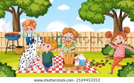 Children doing activities at backyard illustration