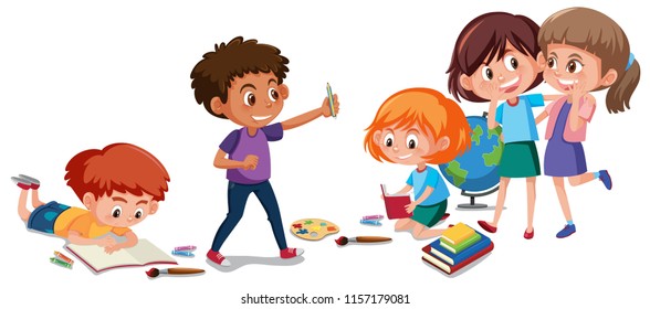 Niños haciendo actividad en ilustración de fondo blanco