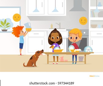 Children doing daily routine activities in kitchen. Two kids washing dishes and red head boy holding pitcher with orange juice. Montessori environment concept. Vector illustration for poster, flyer.