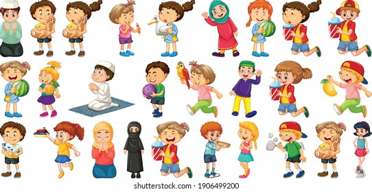 Niños haciendo diferentes actividades caricatura juego de caricaturas en ilustración de fondo blanco