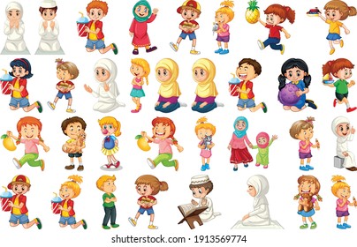 Children doing different activities cartoon character set on white background illustration