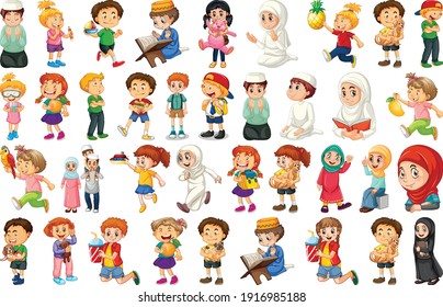 Children doing different activities cartoon character set on white background illustration