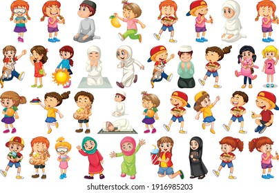 Children doing different activities cartoon character set on white background illustration