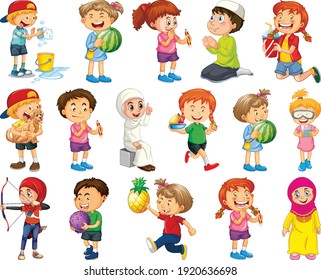 Kinder, die verschiedene Aktivitäten durchführen Cartoon-Zeichensatz auf weißem Hintergrund