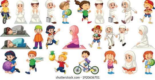 Children doing different activities cartoon character set on white background illustration