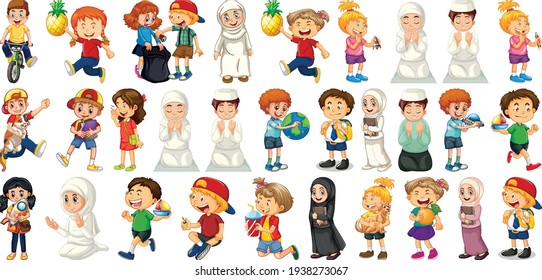 Children doing different activities cartoon character set on white background illustration