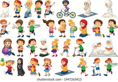 Children doing different activities cartoon character set on white background illustration