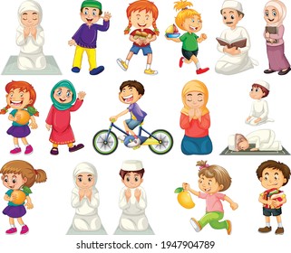 Children doing different activities cartoon character set on white background illustration