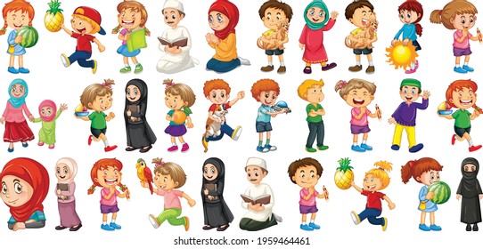 Children doing different activities cartoon character set on white background illustration