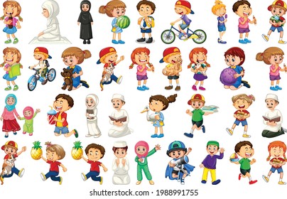Children doing different activities cartoon character set on white background illustration