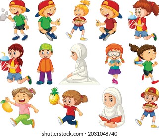 Children doing different activities cartoon character set on white background illustration