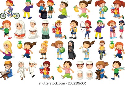 Children doing different activities cartoon character set on white background illustration