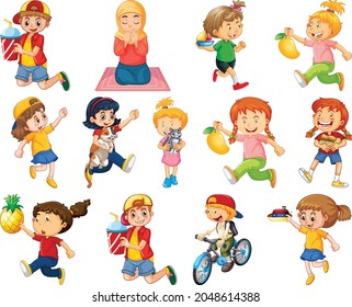 Niños haciendo diferentes actividades caricatura juego de caricaturas en ilustración de fondo blanco