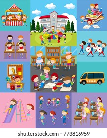 Children doing different activities at school illustration