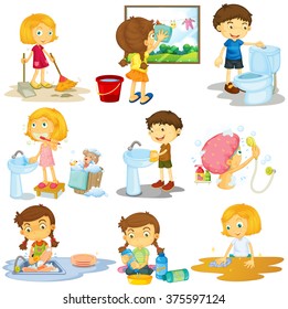 Children Doing Different Chores Illustration