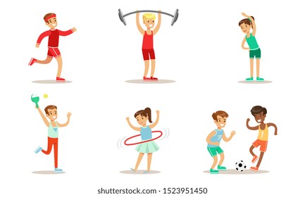 Children Doing Different Kind Of Sports Set, Teen Boys And Girls Playing Soccer, Table Tennis, Jogging, Exercising With Barbell, Twirling Hula Hoop Vector Illustration