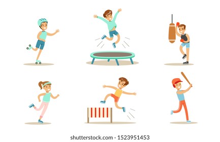 Children Doing Different Kind of Sports Set, Teen Boys and Girls Rollerblading, Jumping on Trampoline, Boxing, Jogging, Jumping Hurdle Vector Illustration