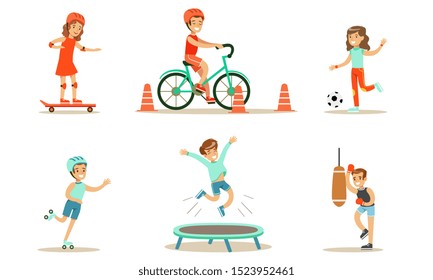 Children Doing Different Kind Of Sports Set, Teen Boys And Girls Riding Bicycle, Playing Soccer, Rollerblading, Jumping On Trampoline, Boxing Vector Illustration