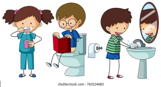 Children doing different routine in bathroom illustration