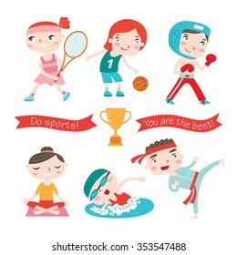 Children doing different sports. Vector collection isolated on a white background.