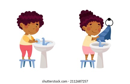 Niños haciendo actividades de higiene diaria en el baño. Niñas pequeñas y cortas lavando y secando sus manos ilustraciones vectoriales