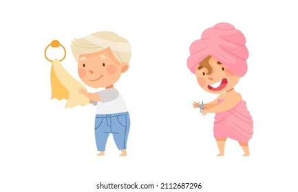 Children doing everyday hygiene activities in bathroom set. Cute boy wiping his hands with towel, the girl cutting her nails vector illustration