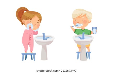 Children doing everyday hygiene activities in bathroom set. Kids washing and brushing their teeth vector illustration