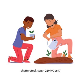 Niños haciendo obras de jardinería en House Yard, Preescolar o Kindergarten. Niños felices personajes Niña y Niña Plantando y cuidando plantas en lecho de flores. Ilustración de vectores de personas de caricatura