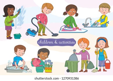 Children are doing good things.Separate layers of objects and background for easy editing.Illustration done in cartoon style