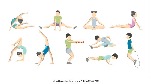 Children doing gymnastics set. Collection of kid character stretching and training. Balance and yoga exercise for child. Flexible body. Isolated flat vector illustration