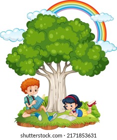 Niños haciendo deberes debajo de la ilustración del árbol