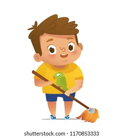 Children doing household routines - Little boy mopping floor. Concept of Montessori engaging educational activities. Cartoon vector illustration.