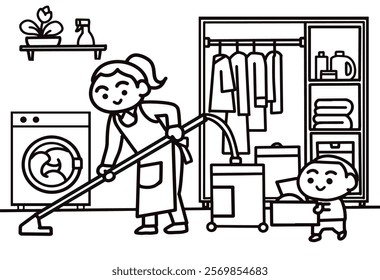 Children doing housework with mother coloring pages style.