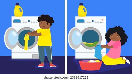 Children doing housework, washing clothes in washing machine. Flat vector illustration.