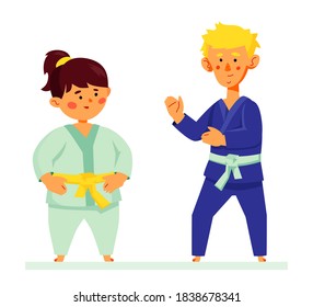 Children doing karate - colorful flat design style illustration with cartoon characters. Happy boy and girl wearing kimonos training, practicing. Activity for kids, sport idea. Active lifestyle idea