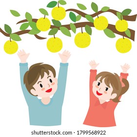 Kinder, die Birnen pflücken, im Obstgarten