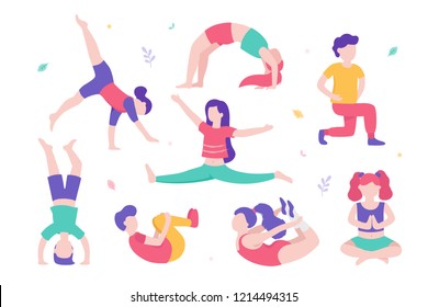 Children doing physical exercises set of various poses and cute cartoon characters of kids isolated on white background. Vector illustration in flat design, infographic elements.