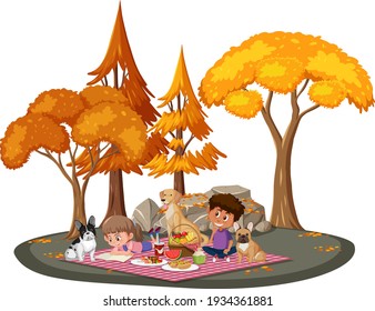 Children doing picnic in the park with many autumn trees illustration