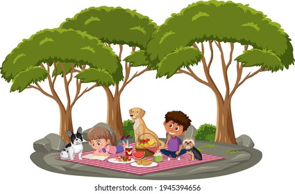 Children doing picnic in the park with many trees illustration