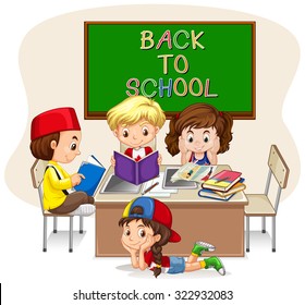 Children doing school work in classroom illustration