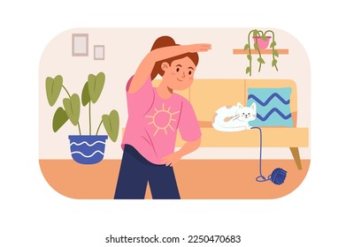 Children doing sport training concept with people scene in flat design. Teenager girl doing morning exercises and daily gymnastic routine at home. Vector illustration with character situation for web