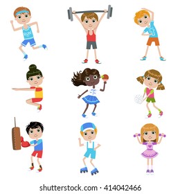 Children Doing Sports Set Of Simple Design Illustrations In Cute Fun Cartoon Style Isolated On White Background
