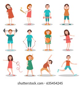 Children doing sports vector illustration. Kids exercising, playing games flat style design cartoon characters, icons isolated on white background.