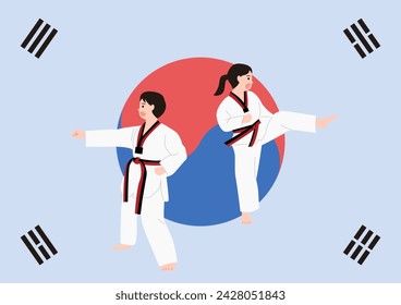 Children doing Taekwondo with Korean flag.