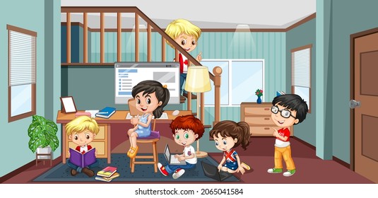 Children doing their homeworks at home illustration